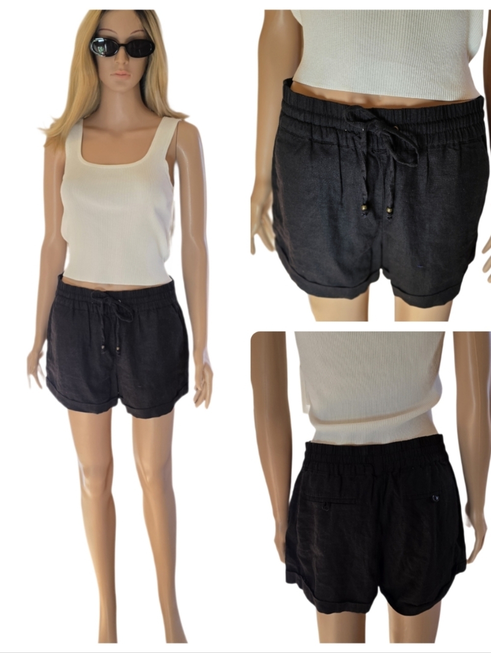 Love Tree Black Linen Blend Cuffed Drawstring Shorts, Junior's Large